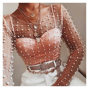 FASHION CLASSIC COLLECTION Nude Sheer Mesh See Through Pearl Diamond Crop Top, L